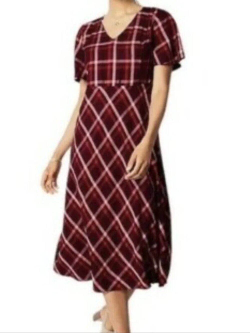 J. Jill Burgundy and Pink Plaid Midi Dress